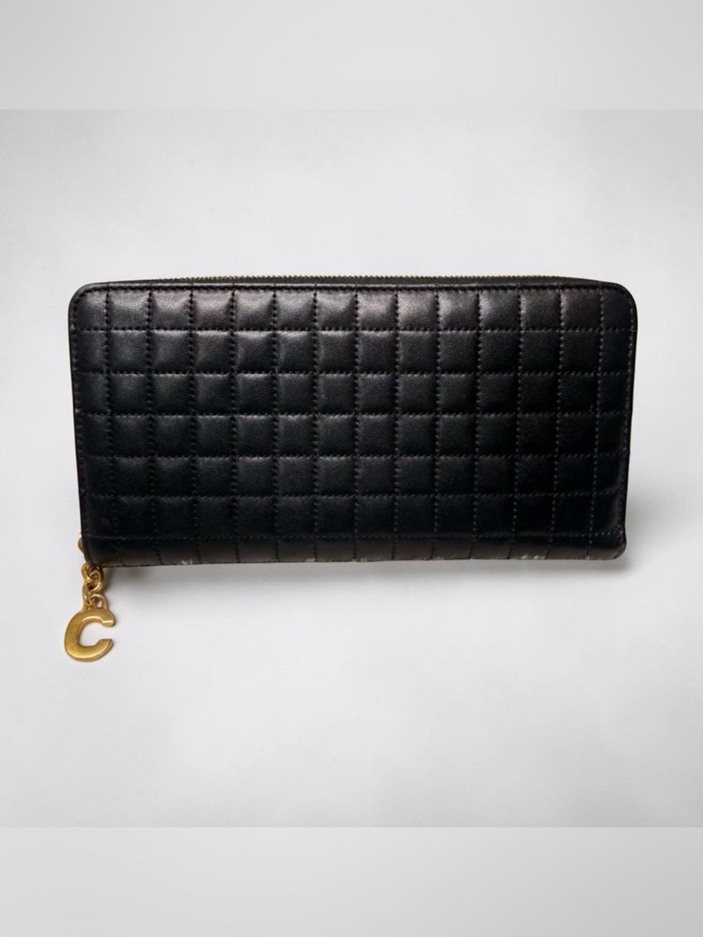 Celine Black Leather Chocolate Bar Zippy Clutch/Wallet with Gold Hardware